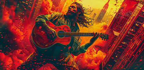 Portrait of a musician playing guitar with double exposure of a bustling night cityscape and space for text