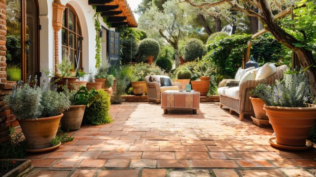 A beautiful terracotta patio with comfortable seating, natural stone flooring, and potted plants creating a serene space