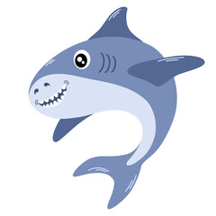 Cute shark. Happy underwater animal with eyes and mouth. Childish character. Colored flat cartoon vector illustration