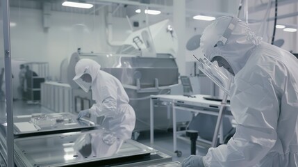 Technicians in clean suits working on a satellite in a clean room.