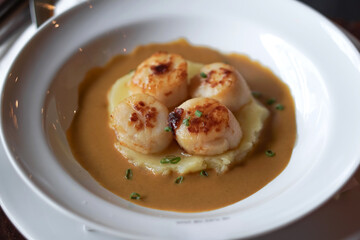 Hokkaido scallop served with mashed potatoes, lobster cream sauce and green onions. Starters plate in Argentina steakhouse restaurant.