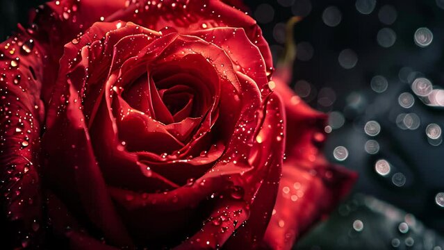greeting video card Closeup of Red Rose on Black Background, water drops
