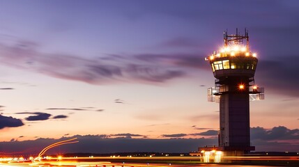 Obraz premium Air traffic control tower overseeing airport operations at dusk. 