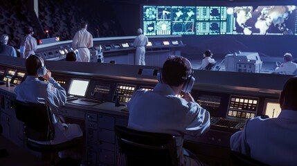 Scientists in a mission control center during a satellite launch.