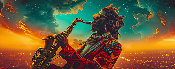 Saxophonist playing on a rooftop with city lights and stars in the background, text space included