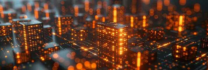 A cityscape with many buildings lit up in orange