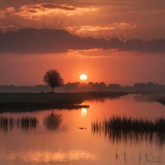 the sun setting over a lake and some trees, with the clouds behind it