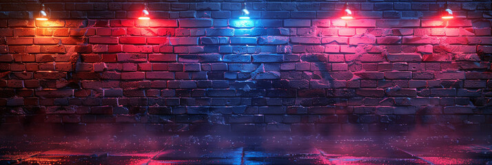 
Neon light on brick walls that are not plastered background and texture. Lighting effect red and blue neon background