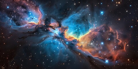 A colorful nebula in space with a blue and orange cloud