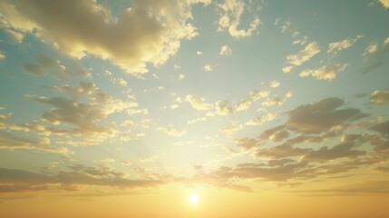 A calm and peaceful sky with scattered clouds glowing in the light of a setting sun, casting a warm hue