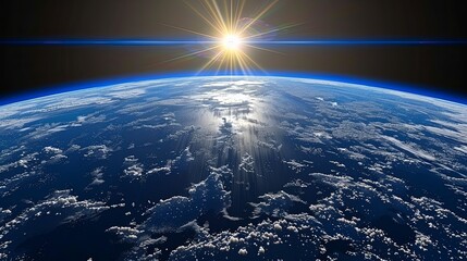 A close up of the Earth with a bright sun shining on it