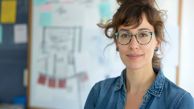 A young professional discusses a project near a whiteboard with strategy notes in an office setting