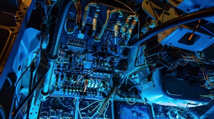Intricate wiring and circuit boards inside an aircraft&acirc;&euro;&trade;s avionics bay, bathed in blue LED light. 