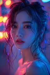 Stunning portrait of an Asian woman with wet hair and glowing skin, illuminated by bright neon lights in shades of pink and blue. The bokeh background adds depth and a dreamlike atmosphere.