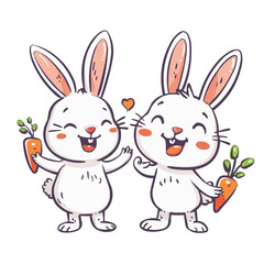 Two cute rabbits surrounded by carrots in a circle