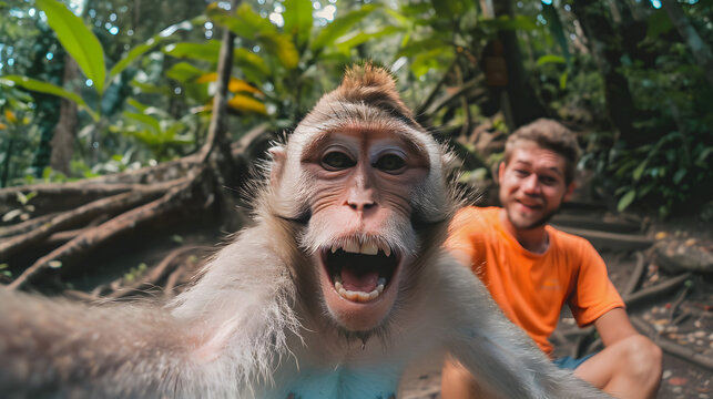 monkey with silly face selfie with a tourist man