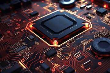 Fototapeta premium Computer processor chip, circuit board and electronic components. Computer chip on a motherboard.