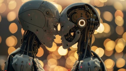 Intimate kiss between couple robots, bokeh blur backdrop, isolated studio lighting, raw aesthetic, highly detailed mechanics