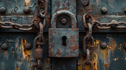 Intimate shot of a large, rust-encrusted padlock and thick chains on a battered metal door, reflecting decay and raw, industrial grit