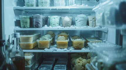 Intimate look into a freezer crammed with ice cream tubs, ice cubes sparkling around, detailed textures of frost and packaging