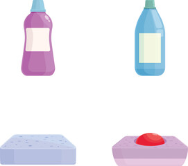 Colorful vector illustration of cleaning liquid bottles and sponges