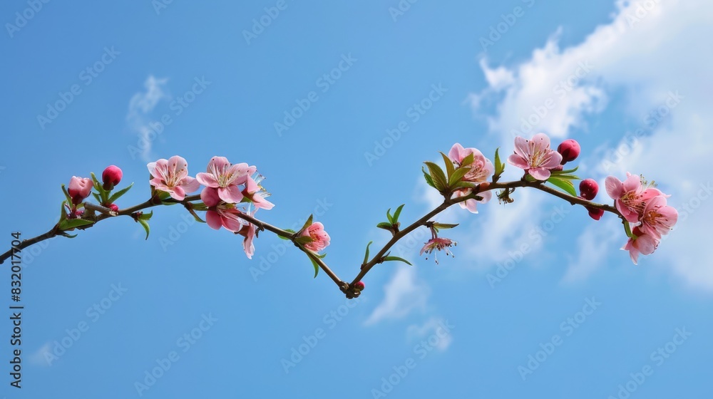 Poster Blooming plum tree branch shaped like a V against the blue sky