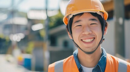 Young Japanese Construction Worker Smiling Outdoors in Safety Gear, Urban Background, Professional Representation for Trade Professions and Labor Diversity