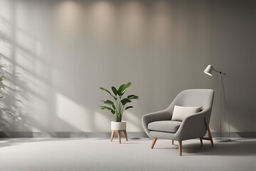 Living Room with Premium Rich Beige Accent Chair and Gray Plaster Stucco Wall. Modern Trend Interior Design for Office or Lounge. Microcement Texture. 3D Render.