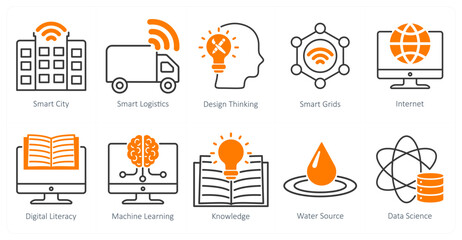 A Set of 10 Industrial icons as smart city, smart logistics, design thinking