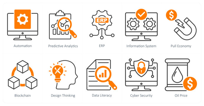 A Set of 10 Industrial icons as automation, predictive analytics, erp