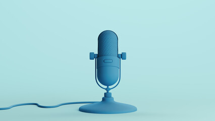 Blue microphone voice recording retro mic studio podcast pale background 3d illustration render digital rendering