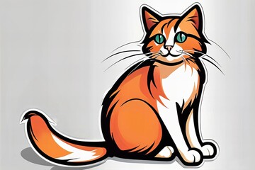 A cartoon cat with green eyes sits on a white background