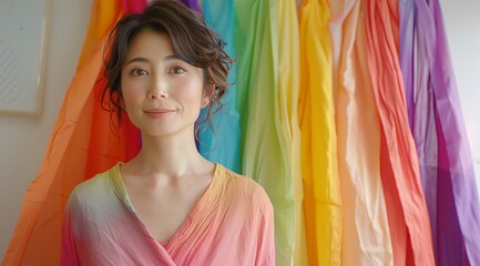 Woman doing personal color diagnosis in clothing store background,popular hobby in korea and japan.