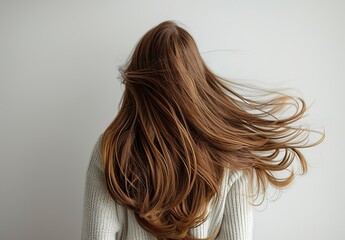 Naklejka premium Lively hair on a gray background,Young woman posing with her gorgeous long flying hair,copy space.