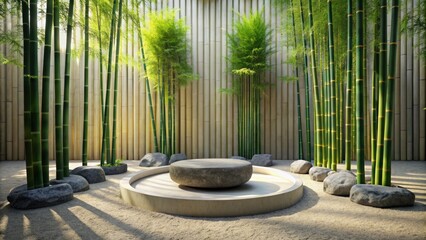 Serene bamboo garden with a central stone pedestal in a peaceful setting.