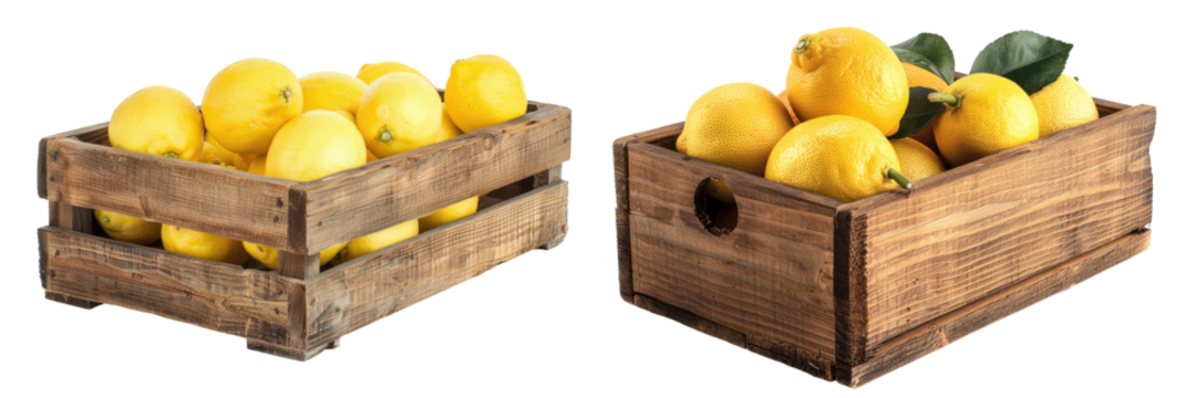 wooden box of lemons, isolated on white or transparent PNG