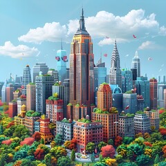Vibrant D Isometric of Iconic New York City Buildings Celebrating I Love USA
