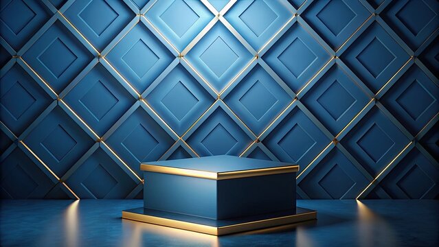 A luxurious blue stage with golden accents and a diamond-patterned backdrop.