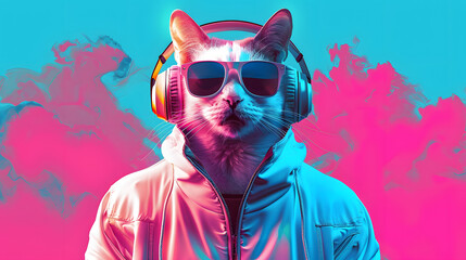  of fantasy character with cat head in sunglasses and headphones wearing white jacket listening to music against pink and blue background