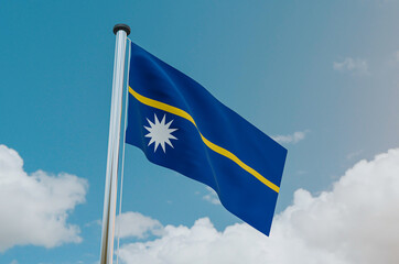 Nauru National Flag with Sky Background 3d illustration image
