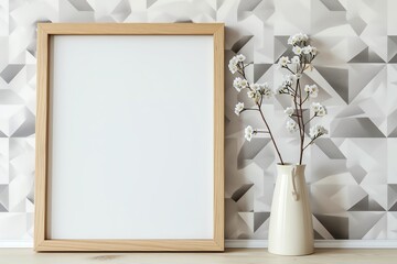 Minimal wooden picture frame mockup on a monochrome geometric wallpaper