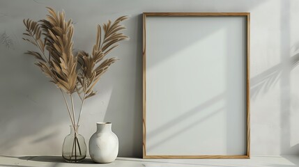 Minimal wooden poster frame mockup on a muted grey wallpaper