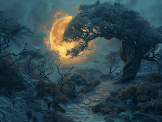 A surreal scene where a person's head is replaced by a glowing moon, casting an otherworldly light on a landscape of twisted trees and winding paths.