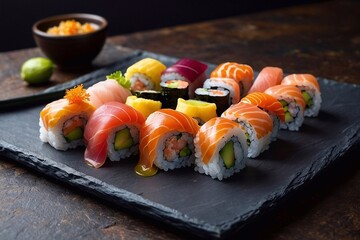 Platter with various types of sushi and rolls  on black .surface. Generative AI