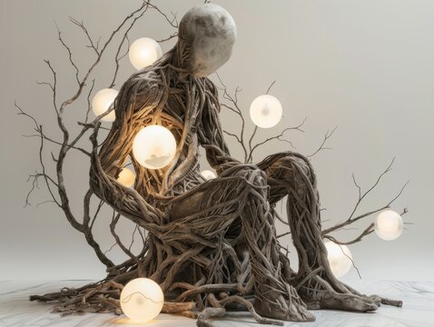 A figure made entirely of tree roots and branches sits on a throne of intertwined branches, surrounded by floating orbs emitting soft, ethereal light.