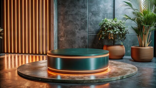 A sleek modern stage with a glowing edge in an industrial-styled room.