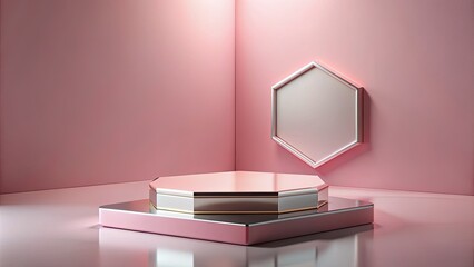 Pink hexagonal platform in a minimalist room with matching decor elements.