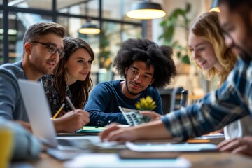 An informal team meeting in a modern office, employees share ideas at the table