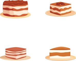 Collection of four cartoonstyle delicious layered cakes, isolated on white