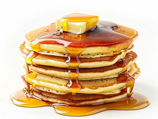 A stack of fluffy pancakes with maple syrup drippi 